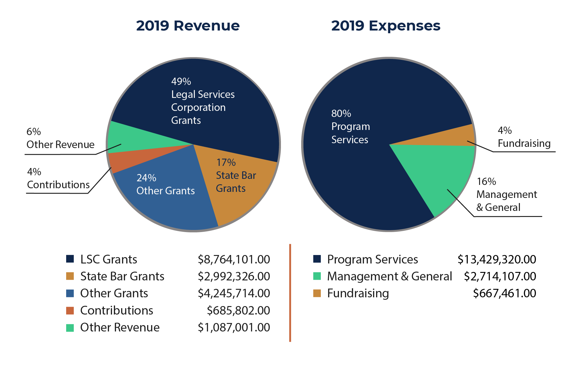 pie charts showing 2019 revenue and expenses categories by percentage