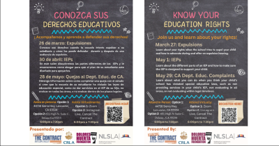 flyer with information about education rights workshops in English and Spanish