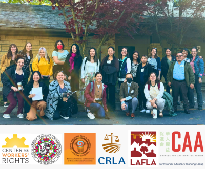 photo of attendees at language justice disability justice retreat April 2024 with logos of participating organizations pictured below photo