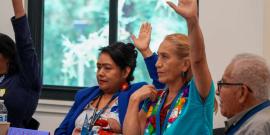 CRLA board members raise hands while seated at conference table