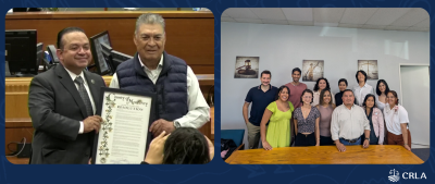 County of Monterey Supervisor Luis A. Alejo handing resolution to CRLA staff member and second photo shows a group photo of CRLA's Indigenous Justice Program staff