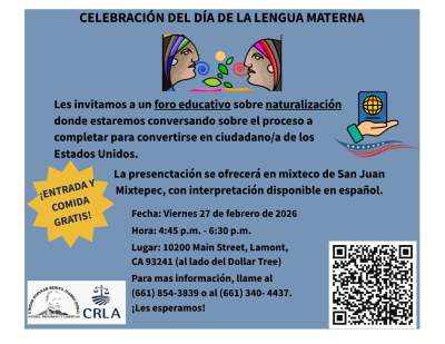 flyer with information about Day of the Mother Language Celebration at CRLA