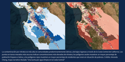 La contaminación por nitratos es más alta en comunidades predominantemente latinas y de bajos ingresos a través de la Costa Central de California. Los puntos en tonos morados más oscuros indican concentraciones más elevadas de nitratos; los polígonos azules muestran un mayor porcentaje de población hispana o latina; y los polígonos rojos muestran un mayor porcentaje de residentes que viven en situación de pobreza. Crédito: Amanda Cheng, mapa narrativo titulado "Una lucha por agua limpia en la Costa Central"