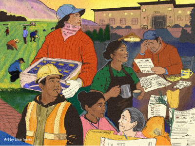 illustration of healthcare, construction, hospitality, and agricultural workers with wage claim paperwork