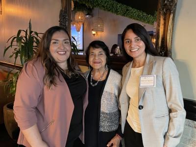 Jessica Manriquez Jewell, CRLA President & Ceo on the left, Dolores Huerta, Activist, in the middle, Marisol Aguilar, CRLA Executive Vice President & Deputy CEO, on the right 
