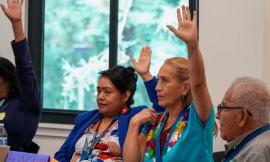 CRLA board members raise hands while seated at conference table