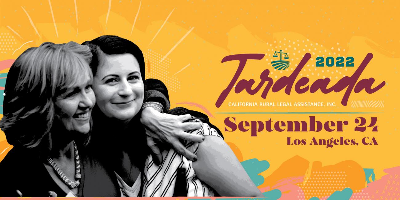 graphic with information about CRLA 2022 Tardeada and photo of two people hugging