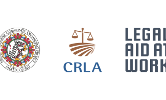 Los logotipos de MICOP, CRLA Inc., y Legal Aid At Work