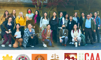 photo of attendees at language justice disability justice retreat April 2024 with logos of participating organizations pictured below photo