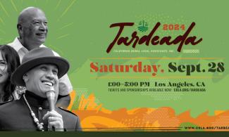 black and white photos of smiling people on green background with text 2024 Tardeada Saturday September 28