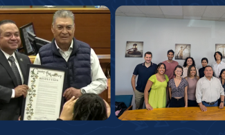 County of Monterey Supervisor Luis A. Alejo handing resolution to CRLA staff member and second photo shows a group photo of CRLA's Indigenous Justice Program staff