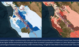Map of nitrate contamination on Central Coast accompanied with caption that reads "Nitrate contamination is higher in predominantly Latinx and low-income communities across California’s Central Coast. Dots shaded darker purple indicate higher nitrate concentrations; Blue polygons show increased % population is Hispanic or Latinx; Red polygons show increased percentage of residents living in poverty. Credit: Amanda Cheng, "A Fight for Clean Water in the Central Coast" story map."