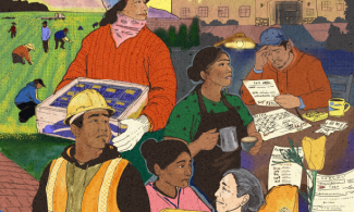 illustration of healthcare, construction, hospitality, and agricultural workers with wage claim paperwork