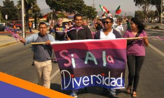 people carry a banner reading si a la diversidad in a Pride parade